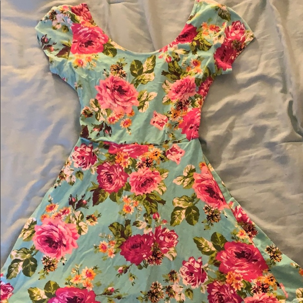 Bright Teal Floral Skater Skirt Lace Back